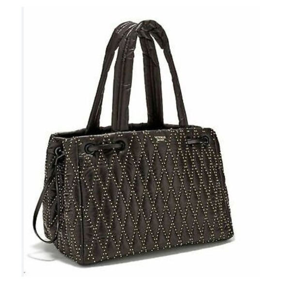 💕Victoria's Secret Large Black Fusia Glam Rock Quilted Tote Gold Studs NWT $78 - Picture 4 of 6